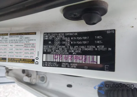 2015 Toyota 4Runner Sr5 Premium из США, поврежденный, VIN JTEBU5JR4F5247696